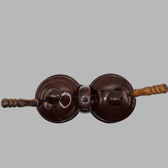 Vintage Brown Drip Double Condiment Pot with Wood Spoons Ceramic Stoneware - Picture 5 of 6